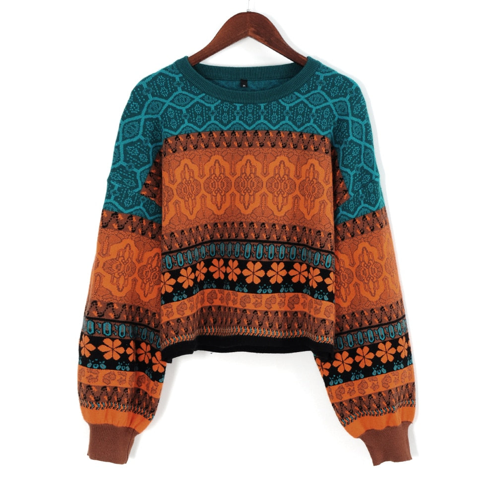 Chritmas Sweaters For Women Retro Chic Splicing Color Hoodies Young Girls Winter Crop Tops Knitted Short Female Sweater