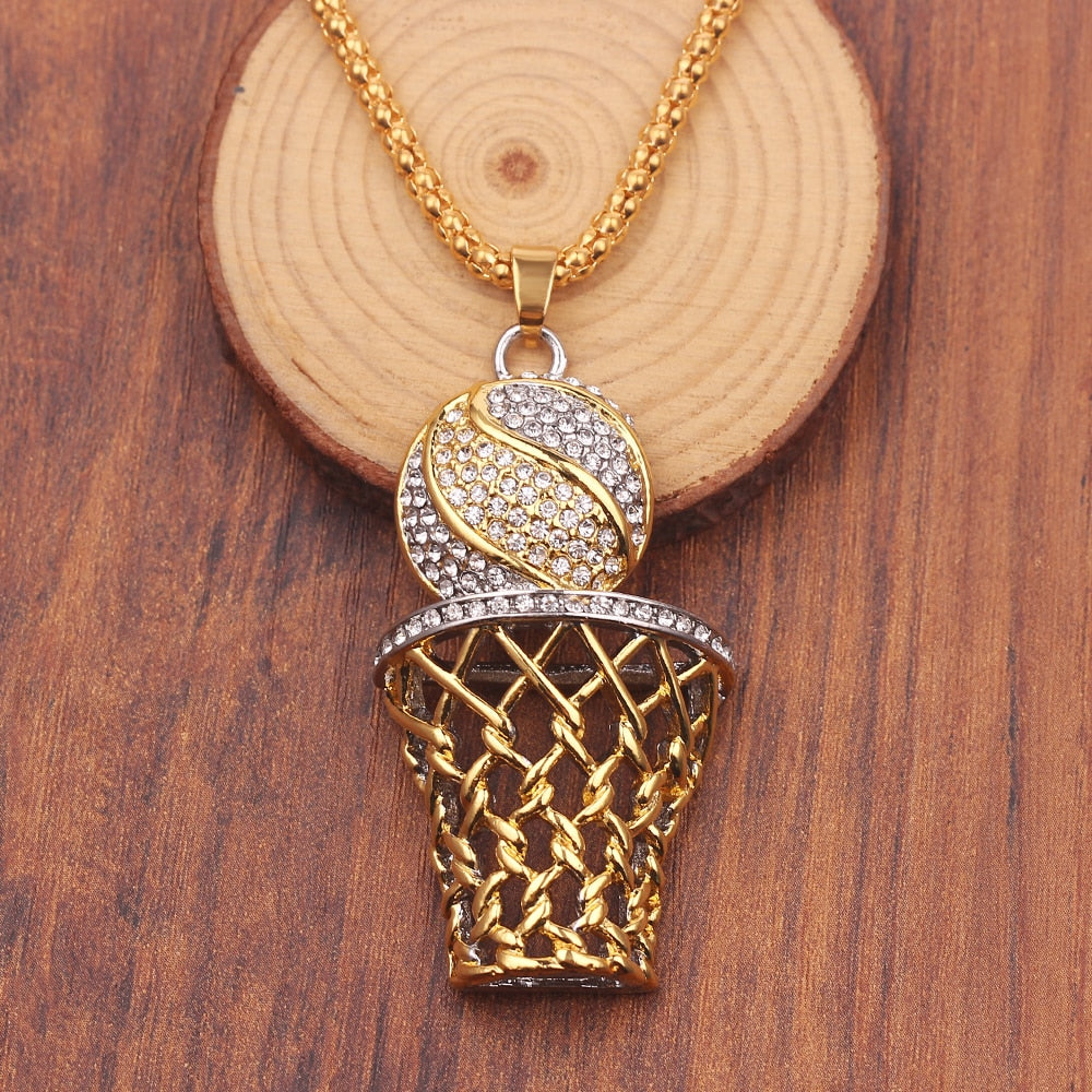 Street Basketball Lovers Exaggerated Punk Basket Ball Pendant Necklaces For Men Sport Hip Hop Chain Crystal Necklace Jewelry