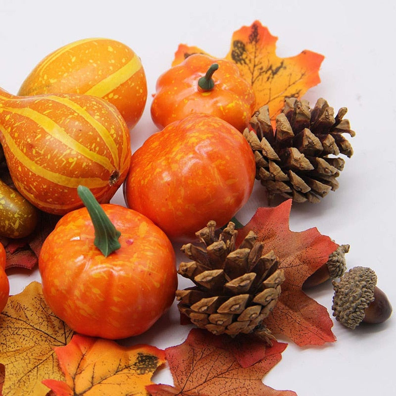 50pcs Simulation Pumpkin Golden Autumn Mini Pumpkin Set Halloween Pumpkin Thanksgiving Decoration Pumpkin Pine Cones Acorns Prop