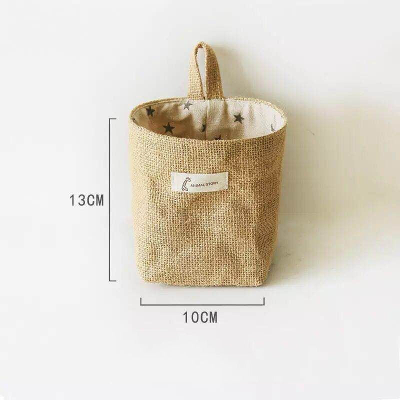 Jute Cotton Linen Bag Desktop Storage Basket Hanging Pocket Small Sack Sundries Storage Box With Handle Cosmetic Storage Bag