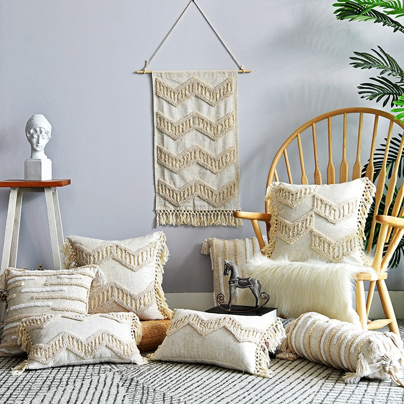 Boho Style cushion cover 45x45cm pillow cover Cotton Linen Tufted Tassles Beige for Home decoration Sofa Bed 45x45cm/30x50cm