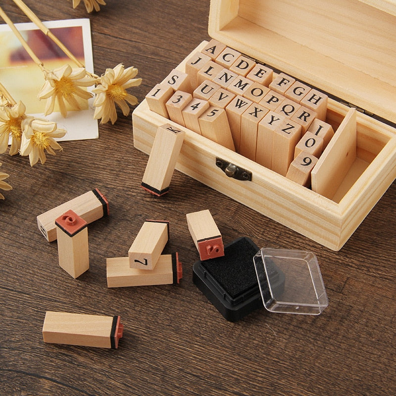 Self Inking Number Letter Stamp School Stationery Wood Rectangle Kids Number Seal Diary Decoration DIY Handmade 1Set with box