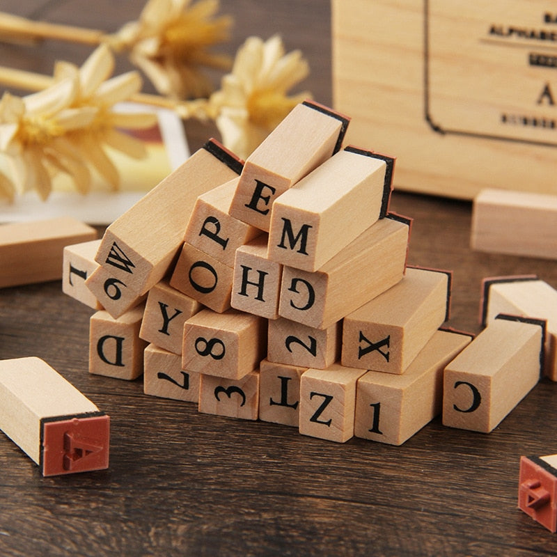 Self Inking Number Letter Stamp School Stationery Wood Rectangle Kids Number Seal Diary Decoration DIY Handmade 1Set with box