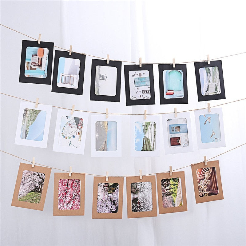10 Pcs Combination Paper Frame with Clips DIY Kraft Paper Picture Frame Hanging Wall Photos Album 2M Rope Home Decoration Craft