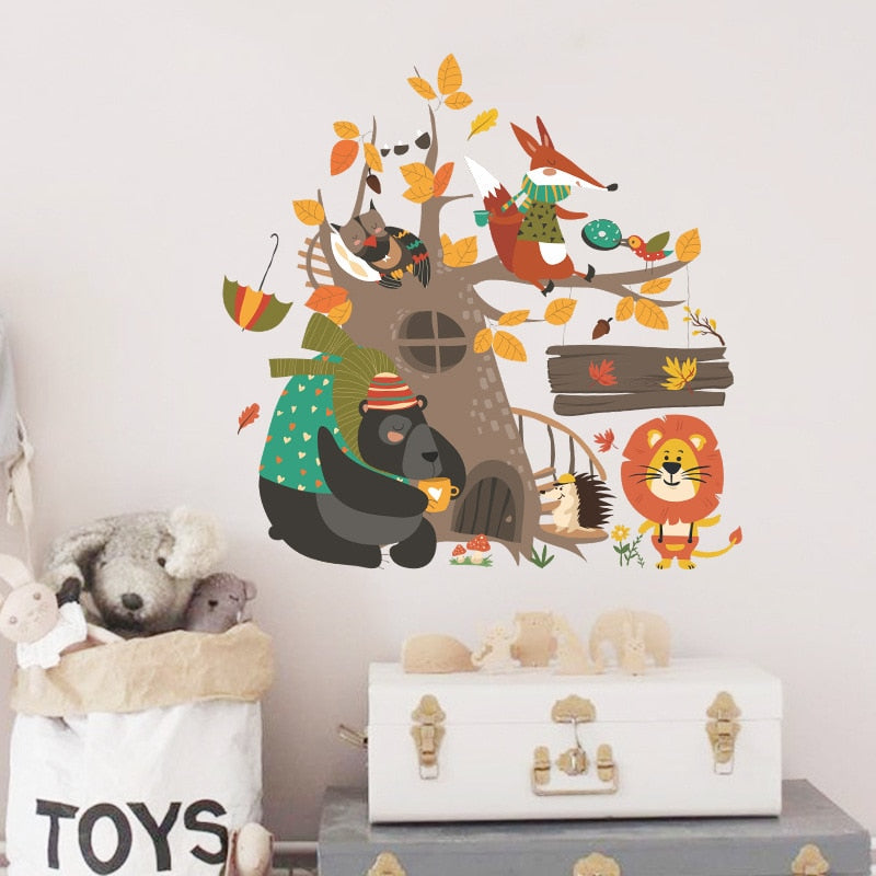 Hand Painted Forest Animals Wall Stickers for Kids room Bedroom Wall Decor Vinyl PVC Wall posters Home Decor Cartoon Wall Decals