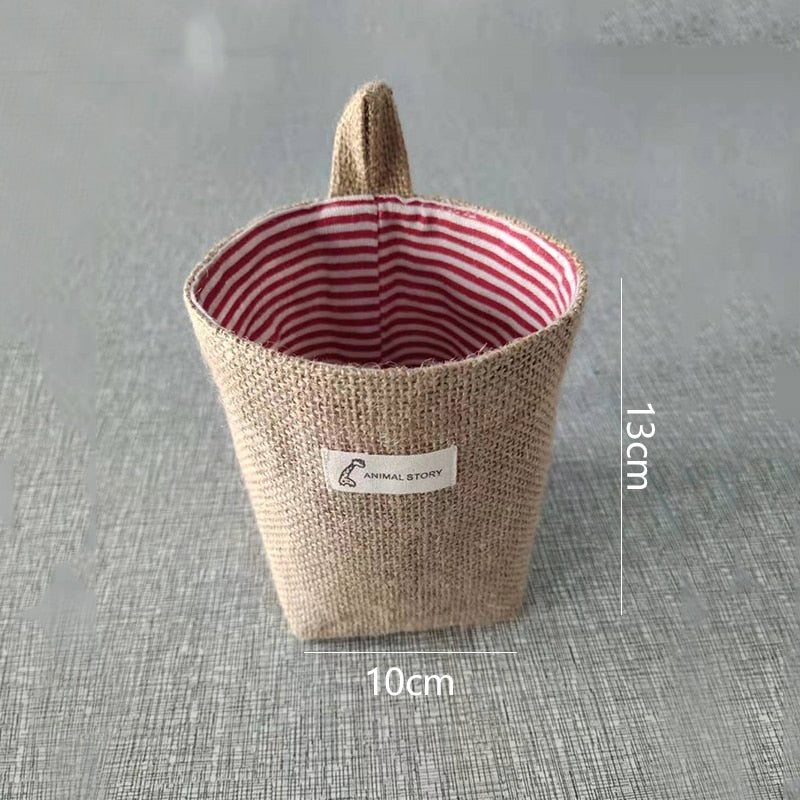 Jute Cotton Linen Bag Desktop Storage Basket Hanging Pocket Small Sack Sundries Storage Box With Handle Cosmetic Storage Bag