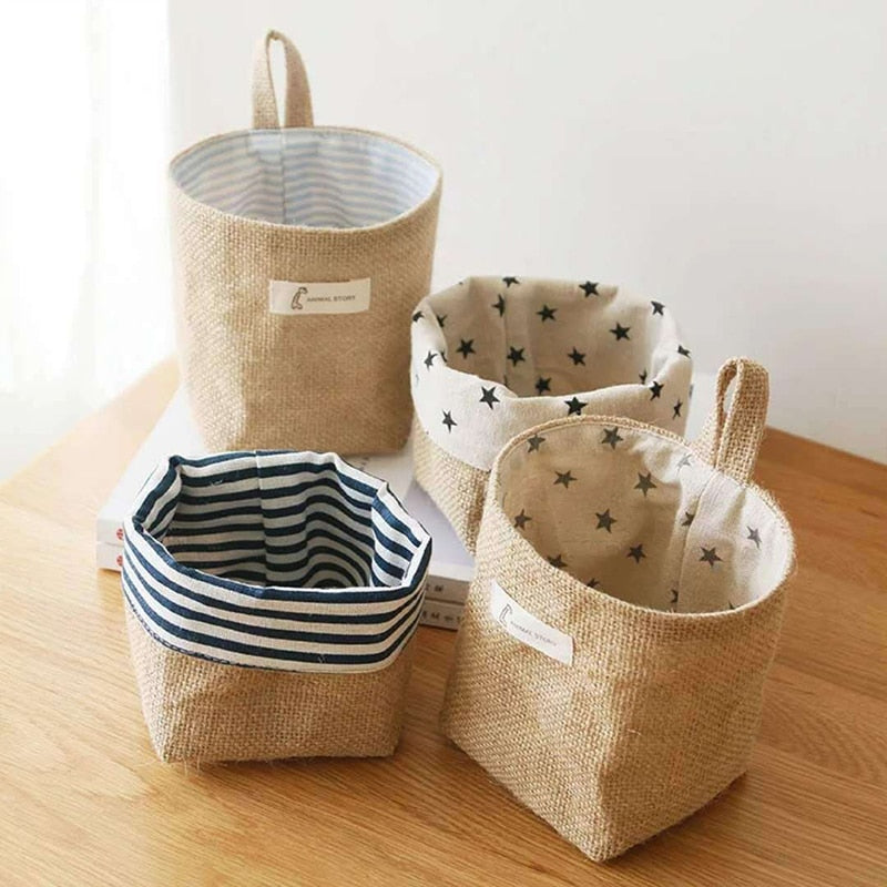 Jute Cotton Linen Bag Desktop Storage Basket Hanging Pocket Small Sack Sundries Storage Box With Handle Cosmetic Storage Bag