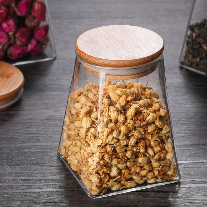 350ml/500ml/750ml/950ml Coffee Bean Tea Sugar Candy Fruit Jar Glass Container Storage Kitchen Container Wood Lid Cover Bottle