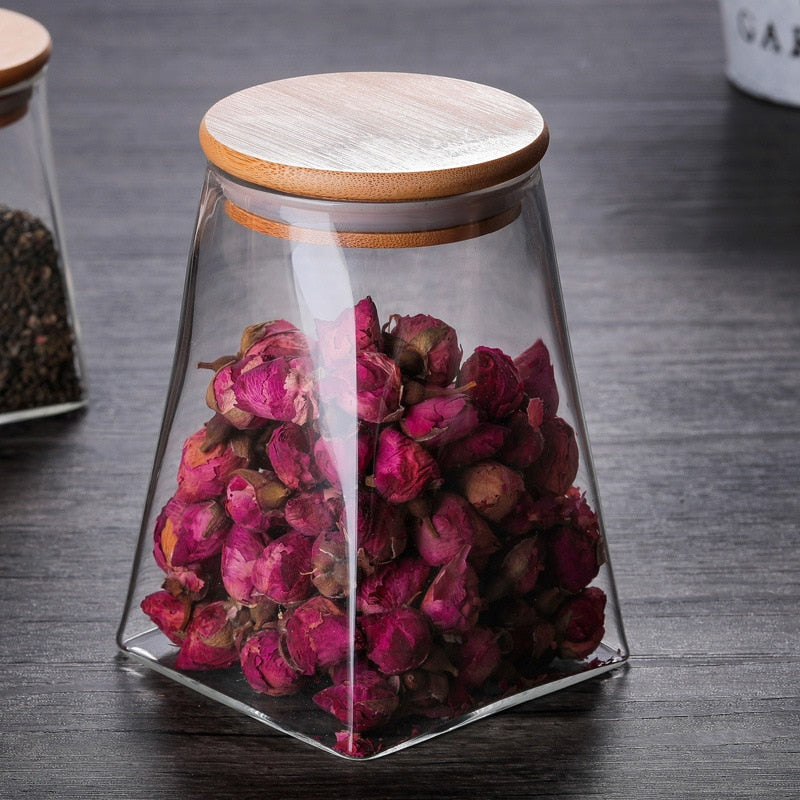 350ml/500ml/750ml/950ml Coffee Bean Tea Sugar Candy Fruit Jar Glass Container Storage Kitchen Container Wood Lid Cover Bottle