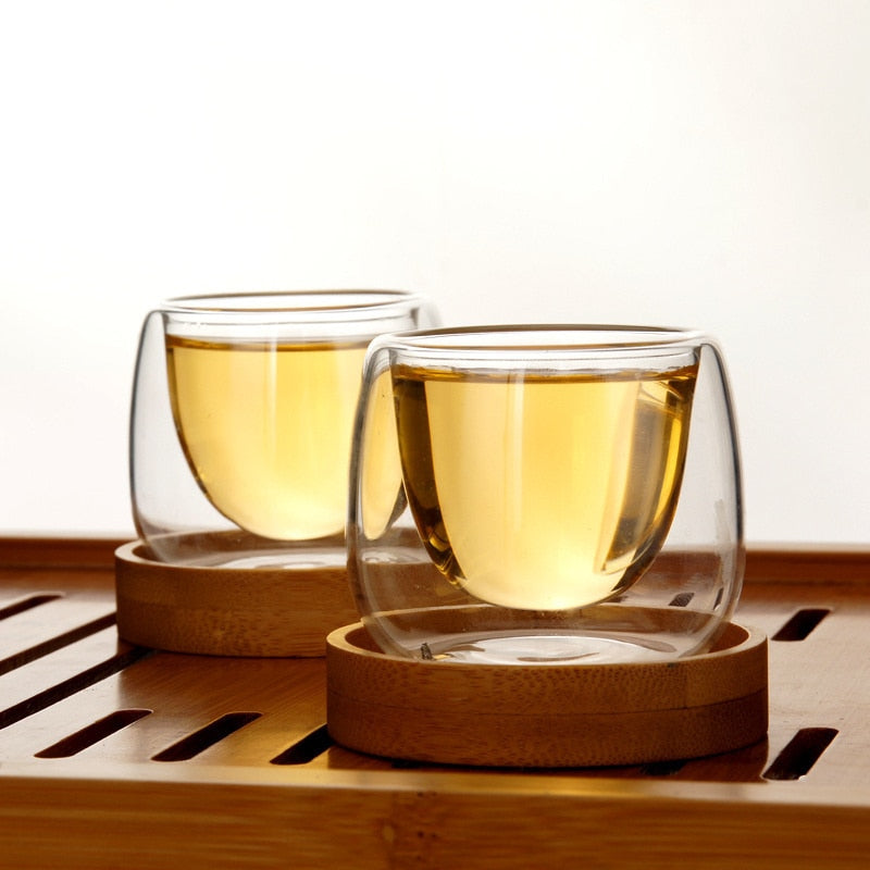 6 Pcs Double Wall Cups Design Shot Teacups With Bamboo Saucers Set Anti-hot Tasse Cafe Coffee Oolong Pu'er Scented Tea Cup 80ml