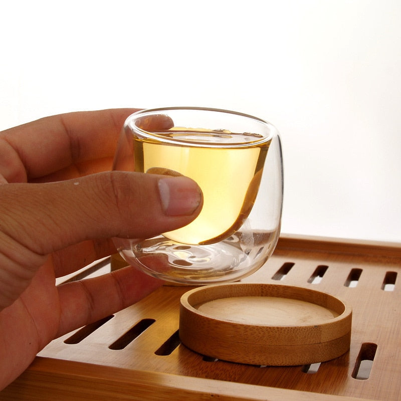 6 Pcs Double Wall Cups Design Shot Teacups With Bamboo Saucers Set Anti-hot Tasse Cafe Coffee Oolong Pu'er Scented Tea Cup 80ml