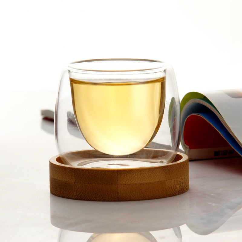 6 Pcs Double Wall Cups Design Shot Teacups With Bamboo Saucers Set Anti-hot Tasse Cafe Coffee Oolong Pu'er Scented Tea Cup 80ml