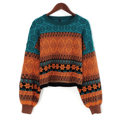 Chritmas Sweaters For Women Retro Chic Splicing Color Hoodies Young Girls Winter Crop Tops Knitted Short Female Sweater