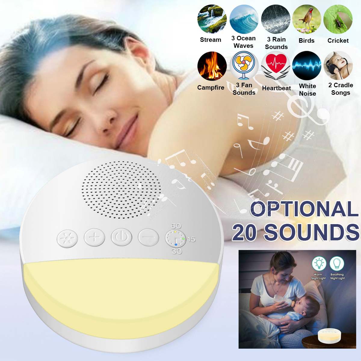 Baby White Noise Machine USB Rechargeable Timed Shutdown Sleep Machine Baby Sleep Sound Player Night Light Timer Noise Player #R