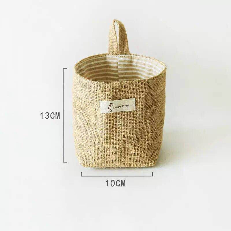 Jute Cotton Linen Bag Desktop Storage Basket Hanging Pocket Small Sack Sundries Storage Box With Handle Cosmetic Storage Bag