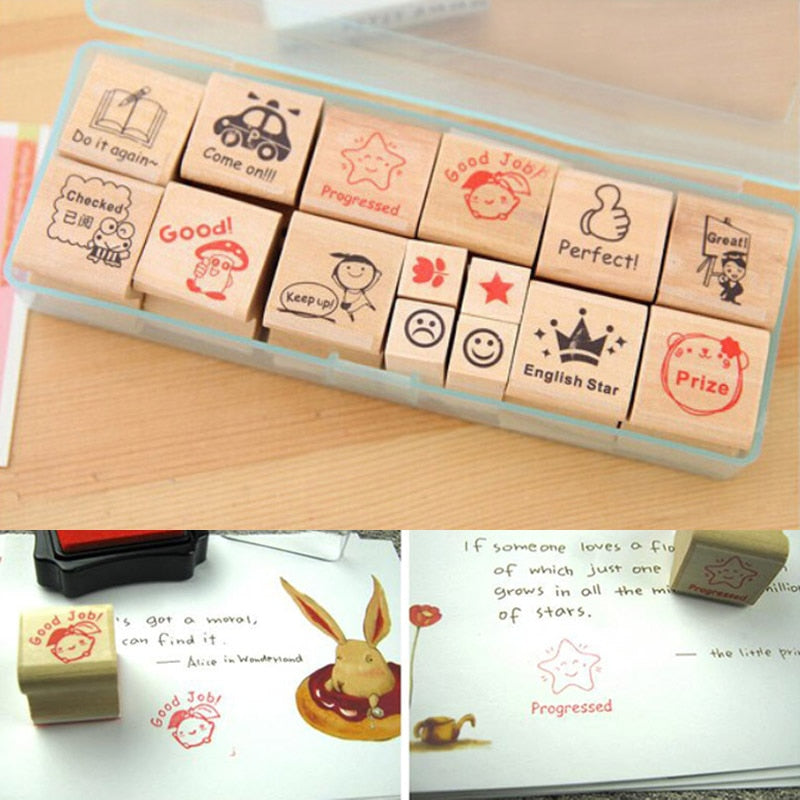 Self Inking Number Letter Stamp School Stationery Wood Rectangle Kids Number Seal Diary Decoration DIY Handmade 1Set with box