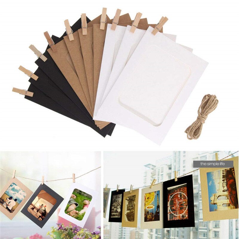10 Pcs Combination Paper Frame with Clips DIY Kraft Paper Picture Frame Hanging Wall Photos Album 2M Rope Home Decoration Craft
