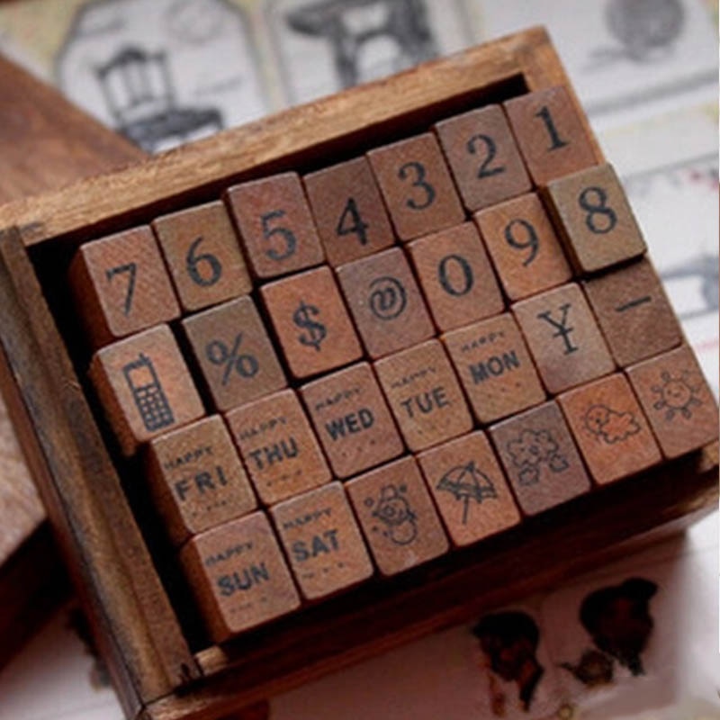 Self Inking Number Letter Stamp School Stationery Wood Rectangle Kids Number Seal Diary Decoration DIY Handmade 1Set with box