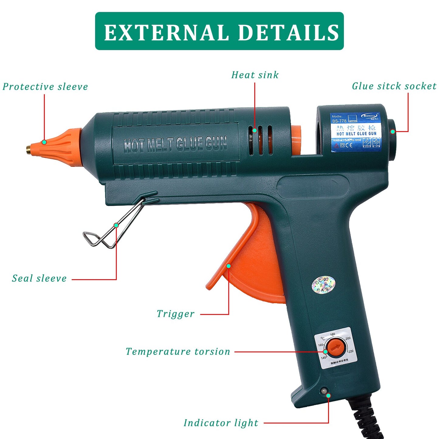 150W Hot Melt Glue Gun Temperature Adjustment 140~220 Degrees Celsius Replaceable Nozzle Use 11mm Glue Stick for Repair Tool DIY
