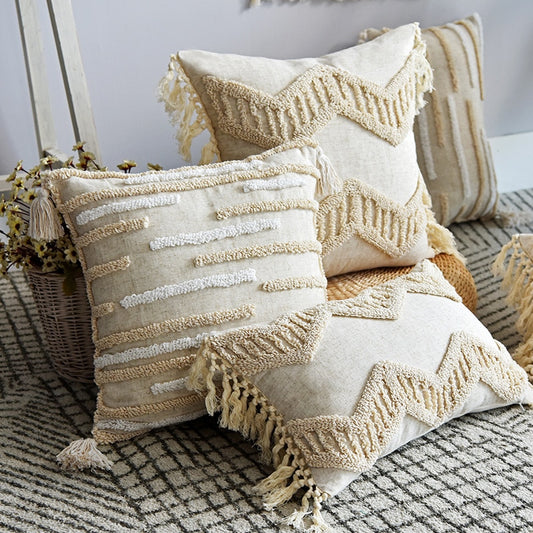 Boho Style cushion cover 45x45cm pillow cover Cotton Linen Tufted Tassles Beige for Home decoration Sofa Bed 45x45cm/30x50cm