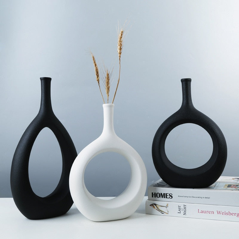VILEAD Ceramic Hollow Out Flower Vase Figurines Nordic Modern Planter Pots Living Room Desktop Interior Decorative Decorations