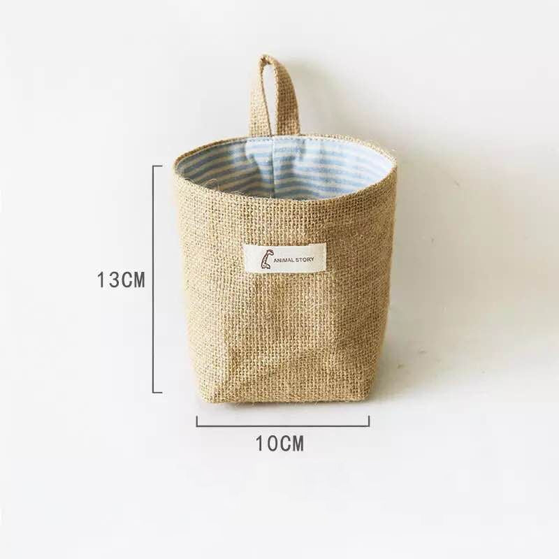 Jute Cotton Linen Bag Desktop Storage Basket Hanging Pocket Small Sack Sundries Storage Box With Handle Cosmetic Storage Bag
