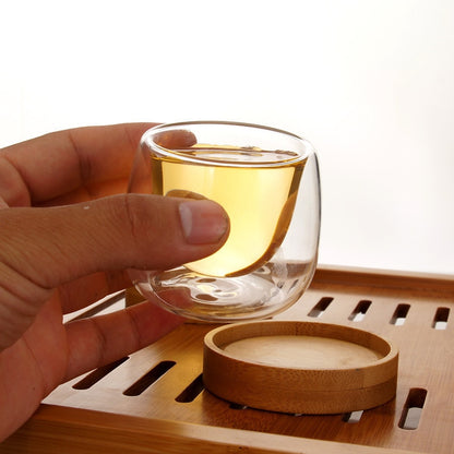 6 Pcs Double Wall Cups Design Shot Teacups With Bamboo Saucers Set Anti-hot Tasse Cafe Coffee Oolong Pu'er Scented Tea Cup 80ml